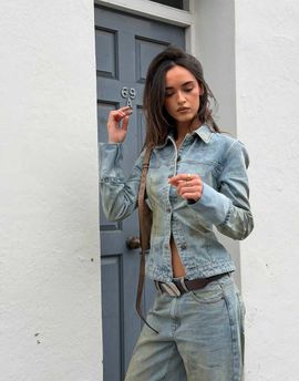 Lioness Lioness The Bronx cinched waist wide cuff detailing denim jacket in stone blue wash
