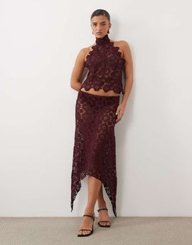 Lioness Lioness Trophy sheer lace intricate floral detail asymmetric skirt set in burgundy-RED