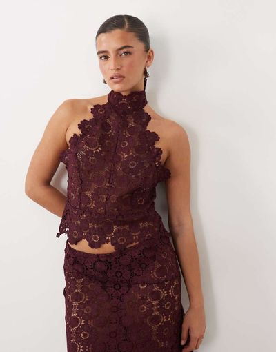 Lioness Lioness Trophy sheer lace intricate floral detail high neck top set in burgundy-RED