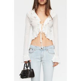 LIONESS LIONESS Venice Tie Front Ruffle Long Sleeve Top
