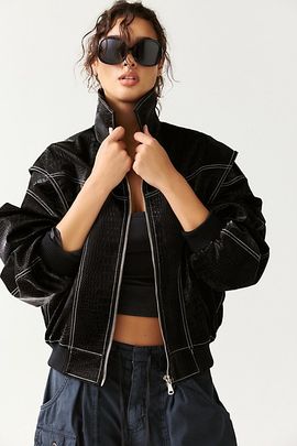 Lioness Lioness Vista Croc-Embossed Faux Leather Bomber Jacket in Onyx, Women's at Urban Outfitters