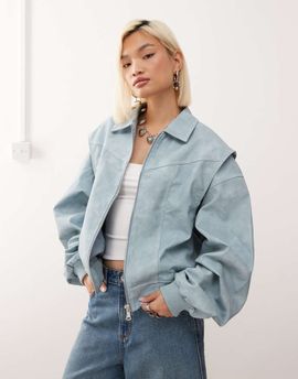 Lioness Lioness Vista Exclusive leather look contrast stitch bomber jacket in baby blue