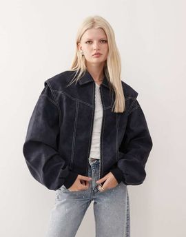 Lioness Lioness Vista leather look contrast stitch bomber jacket in black-Navy