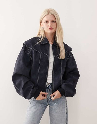 Lioness Lioness Vista leather look contrast stitch bomber jacket in black-Navy