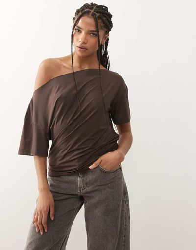 Lioness Lioness Wildlands slinky slash neck off the shoulder top in chocolate-Brown