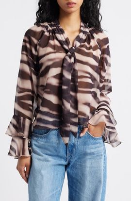 Lipsy Lipsy Zebra Print Tie Neck Chiffon Top
