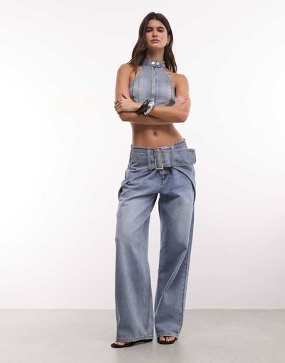 Liquor N Poker Liquor N Poker baggy belt buckle detail jeans in washed blue - part of a set