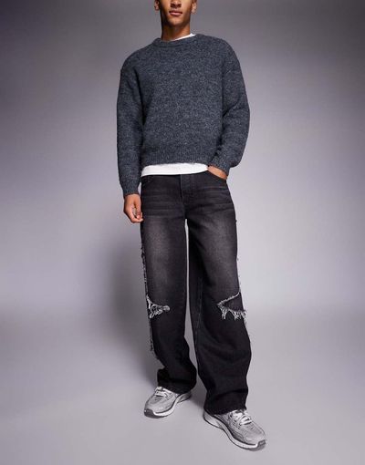 Liquor N Poker Liquor N Poker baggy denim rip repair side seam jeans in black-Multi
