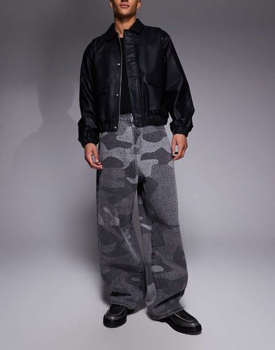 Liquor N Poker Liquor N Poker baggy embellished rhinestone jeans in gray camo-Multi