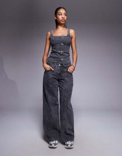 Liquor N Poker Liquor N Poker baggy fit jeans with buckle detail in washed black - part of a set