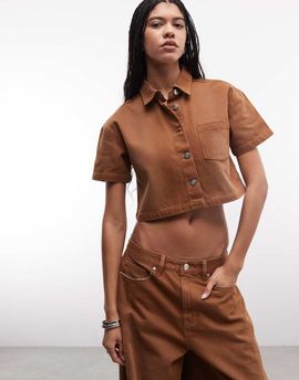 Liquor N Poker Liquor N Poker boxy cropped denim shirt in washed chocolate - part of a set-Brown