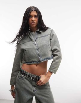 Liquor N Poker Liquor N Poker boxy double zip cropped denim jacket in tinted wash - part of a set-Blue