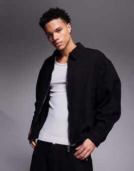 Liquor N Poker Liquor N Poker boxy textured denim harrington jacket in black - part of a set-Blue
