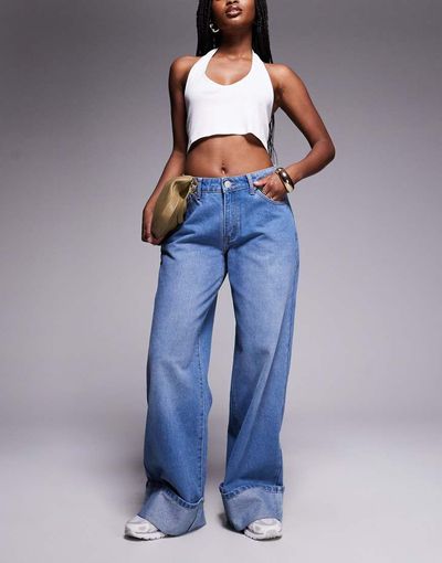 Liquor N Poker Liquor N Poker cinch midrise turn up baggy denim jeans in midwash blue