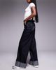 Liquor N Poker Liquor N Poker cinch midrise turn up baggy denim jeans with contrast stiching in darkwash blue - 3