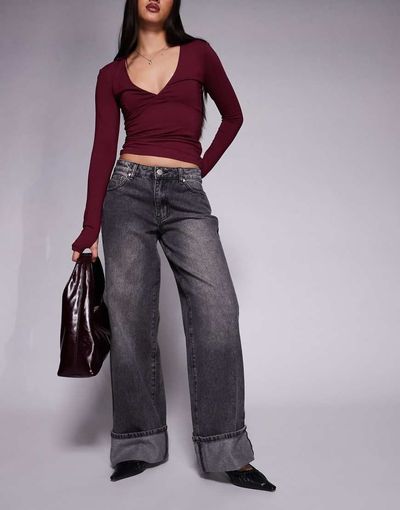 Liquor N Poker Liquor N Poker cinch midrise turn up baggy denim jeans with contrast stiching in darkwash gray