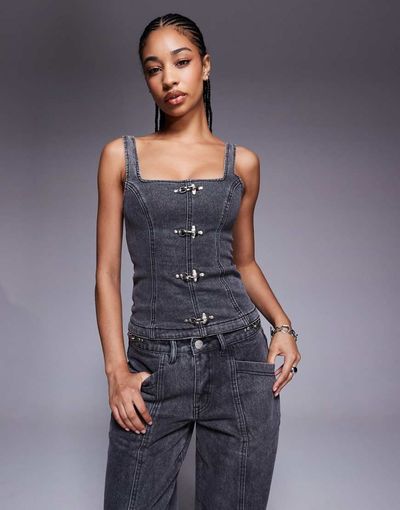 Liquor N Poker Liquor N Poker denim corset with buckle detail in washed black - part of a set