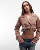 Liquor N Poker Liquor N Poker denim crop biker jacket with belt buckle detail in dark washed beige-Neutral - 1
