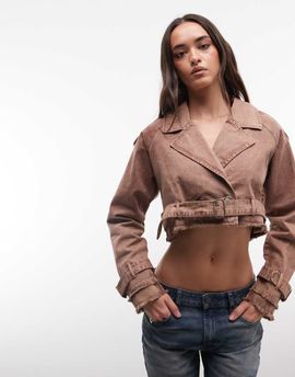 Liquor N Poker Liquor N Poker denim crop biker jacket with belt buckle detail in dark washed beige-Neutral