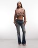 Liquor N Poker Liquor N Poker denim crop biker jacket with belt buckle detail in dark washed beige-Neutral - 3
