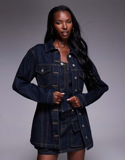Liquor N Poker Liquor N Poker denim jacket with cinch waist in dark wash-Blue