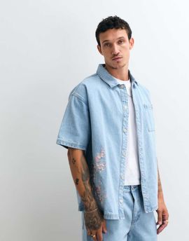 Liquor N Poker Liquor N Poker denim shirt with japanese blossom print embroidery in light wash blue - part of a set