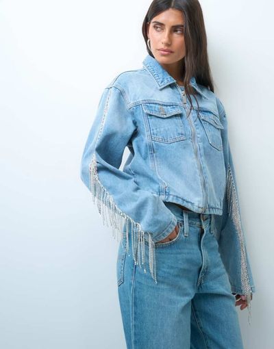 Liquor N Poker Liquor N Poker fringe detail denim jacket set in blue wash
