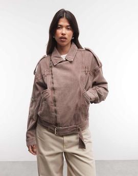 Liquor N Poker Liquor N Poker oversized zip up denim moto jacket in washed brown-Neutral