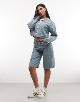 Liquor N Poker Liquor N Poker pinstripe jorts with embroidered hem in blue - part of a set