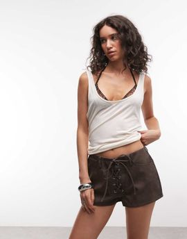 Liquor N Poker Liquor N Poker PU lace up mini shorts in brown