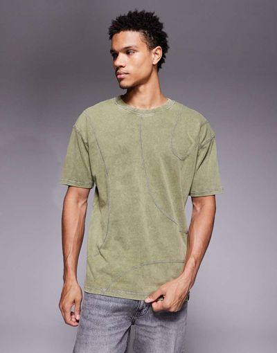 Liquor N Poker Liquor N Poker relaxed fit raw edge emblem T-shirt in washed khaki-Green