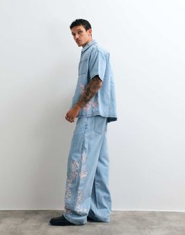 Liquor N Poker Liquor N Poker relaxed Japanese blossom print embroidered jeans in light wash blue - part of a set