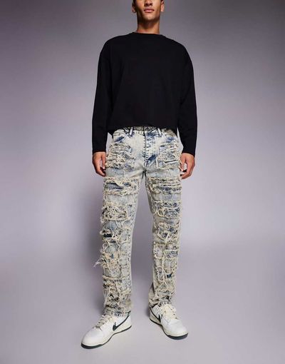 Liquor N Poker Liquor N Poker relaxed stacked rip repair denim jeans in light blue wash
