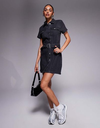 Liquor N Poker Liquor N Poker short sleeve denim button up 60's style mini dress with chunky belt in black wash
