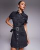 Liquor N Poker Liquor N Poker short sleeve denim button up 60's style mini dress with chunky belt in black wash - 4