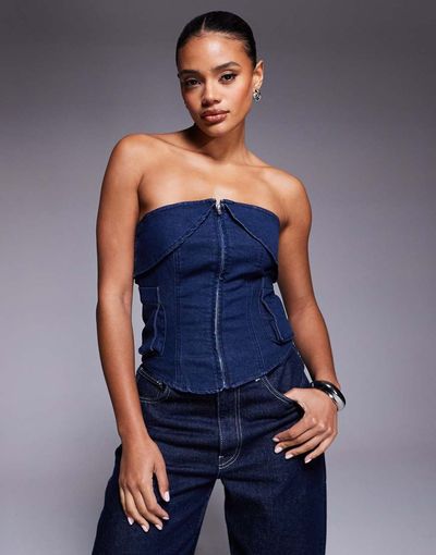 Liquor N Poker Liquor N Poker utility denim bandeau crop top with zip up in dark wash blue