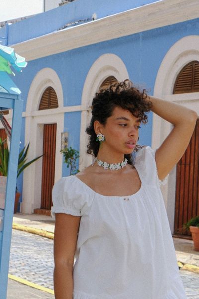 Lisa Says Gah Lisa Says Gah Flower Beaded Earrings in White/Green, Women's at Urban Outfitters