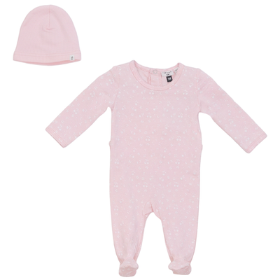Little Fragile Little Fragile Cherry Leaf Scalloped Binding Elastic Ankle Romper & Hat Set
