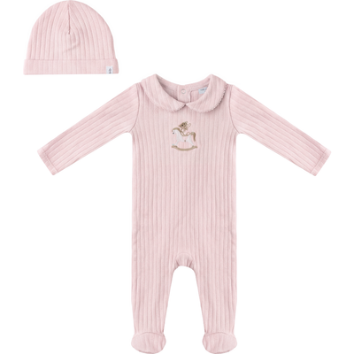 Little Fragile Little Fragile Girl Horse Bear Pointelle Knit Long Sleeve Romper and Hat Set