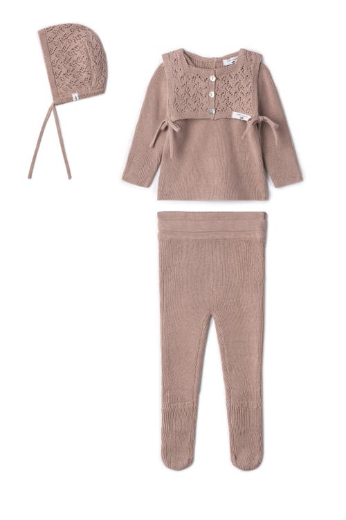 Little Fragile Little Fragile Girl Lace Knit Removable Bib & Back Button Top, Leggings and Bonnet Three-Piece Set