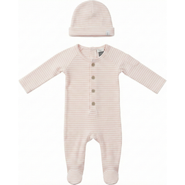 Little Fragile Little Fragile Girl Stripe Rib Front Button Opening Matching Hat Romper Set
