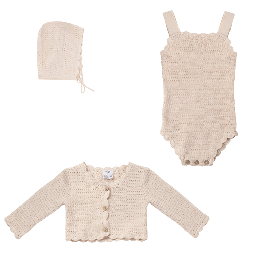 Little Fragile Little Fragile Scalloped Button Cardigan Romper Hat Knit Set