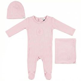 Little Fragile Little Fragile Soft Modal Rib Scalloped Binding Embossed Romper, Hat And Blanket Set