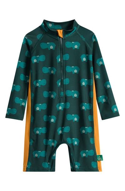 Little Green Radicals Little Green Radicals Kids' Happy Hippos UPF 50+ Long Sleeve One-Piece Rashguard Swimsuit 