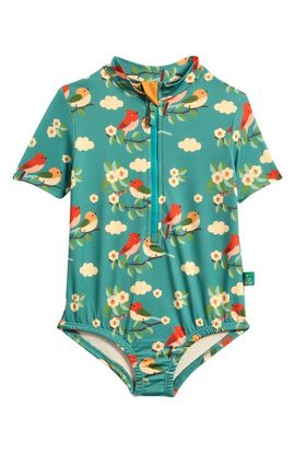 Little Green Radicals Little Green Radicals Kids' Turquoise Birds UPF 50+ One-Piece Rashguard Swimsuit 