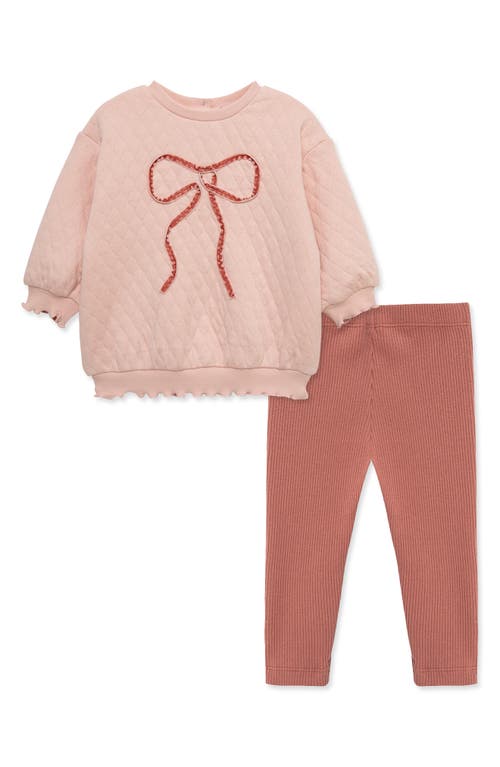 Little Me Little Me Bow Appliqué Quilted Crewneck Sweatshirt & Ribbed Leggings Set