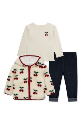 Little Me Little Me Cherry 3-Piece Rib Top, Knit Pants and Fleece Jacket Set