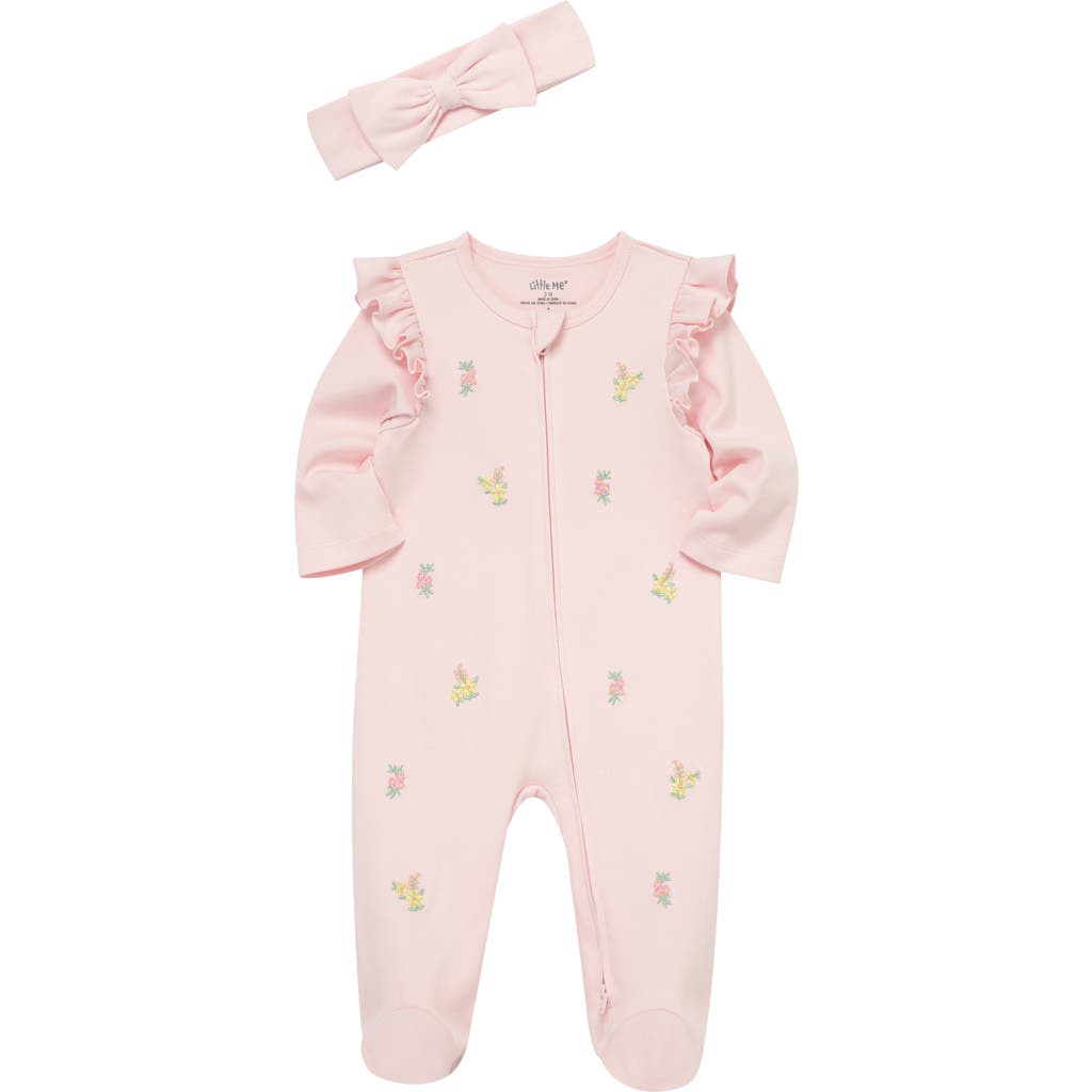 Little Me Little Me Floral Embroidered Cotton Footie & Headband Set (Nordstrom Exclusive)