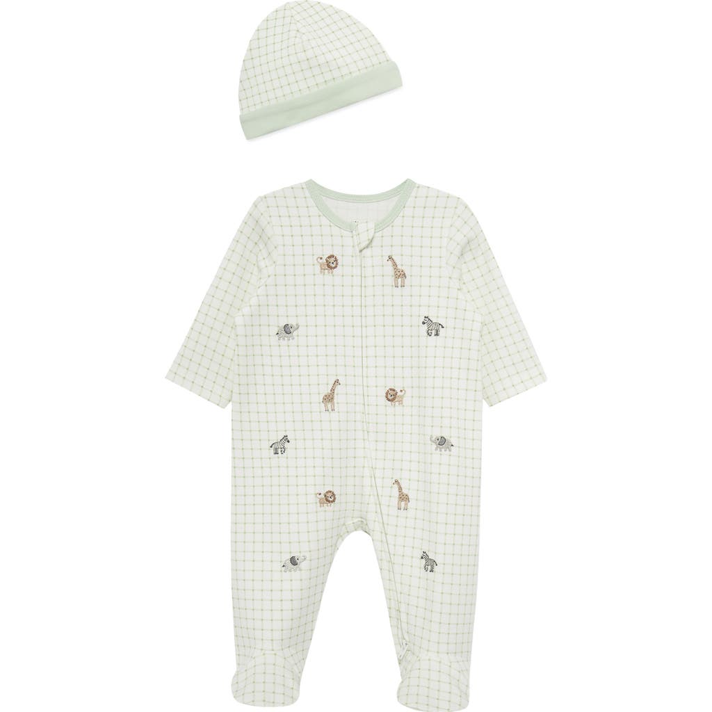 Little Me Little Me Jungle Grid Embroidered Cotton Footie & Hat Set (Nordstrom Exclusive)