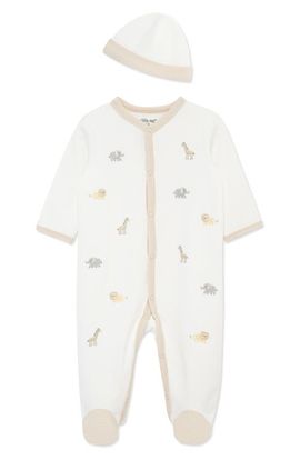 Little Me Little Me Jungle Schiffli Embroidered Cotton Snap Footie & Hat Set (Nordstrom Exclusive)